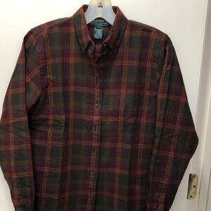 Lauren Ralph Lauren olive green & maroon plaid flannel shirt in size P/S.